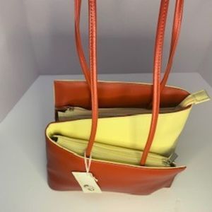 NWT! CLEO & PATEK ITALY Red/ Beige Pebbled Leather Zig Zag Purse